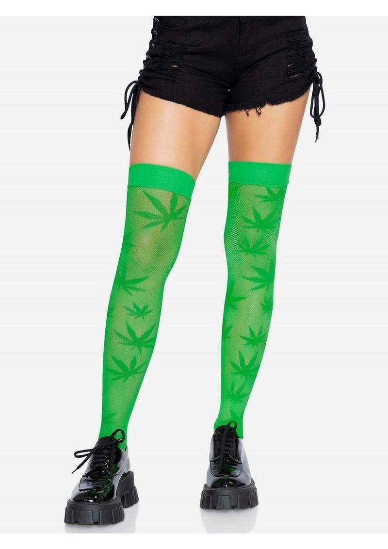Leg Avenue 420 Net Thigh Highs with Leaf Print