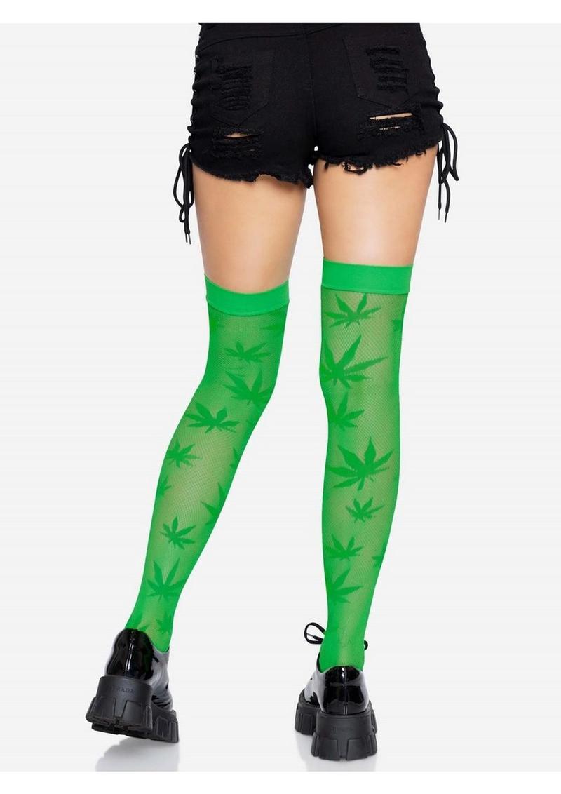 Leg Avenue 420 Net Thigh Highs with Leaf Print