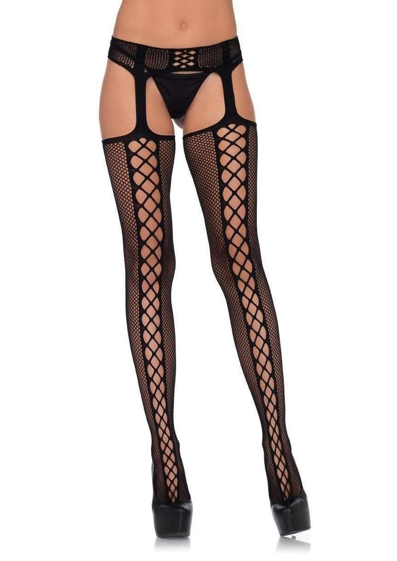 Faux Lace-Up Dual Net Backseam Stockings