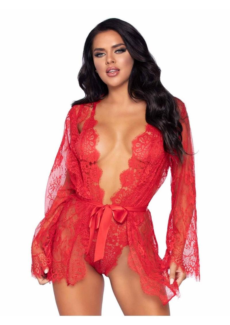 Floral Lace Teddy with Adjustable Straps and Satin Tie