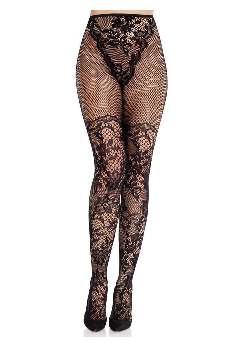 Leg Avenue French Cut Dahlia Lace Tights With Net Thigh Detail
