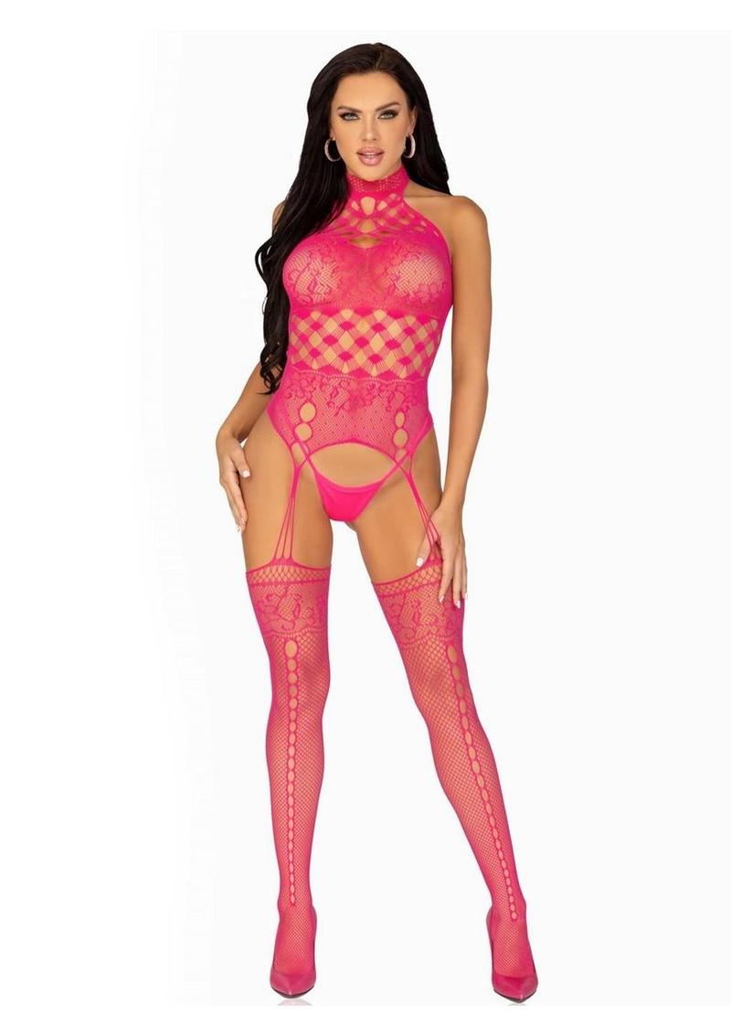 Leg Avenue High Neck Halter Net And Lace Suspender Bodystocking