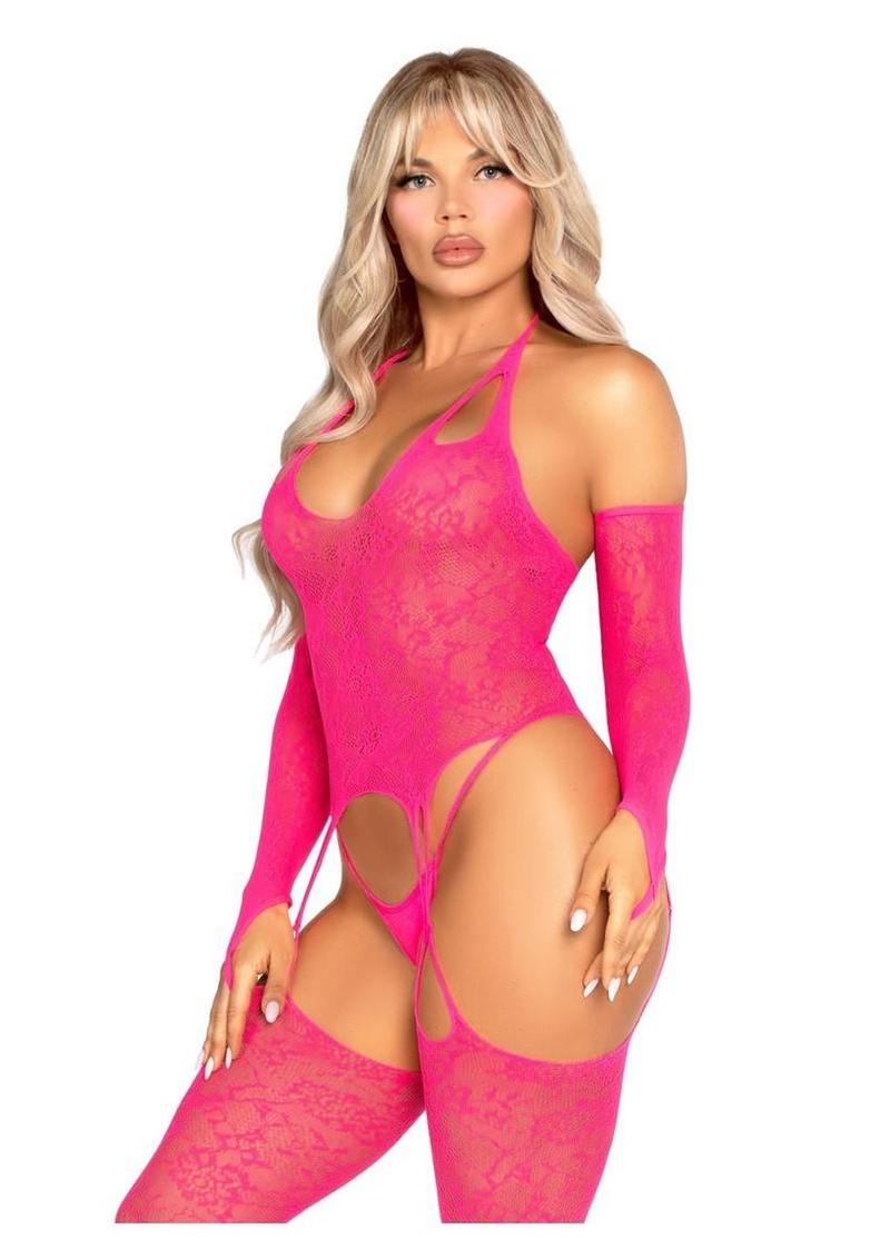 Halter Lace Footless Cami Garter Bodystocking With Toe Loops