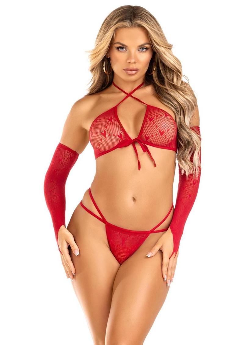 Leg Avenue Red Heart Net Crossover Crop Top And G-String Set