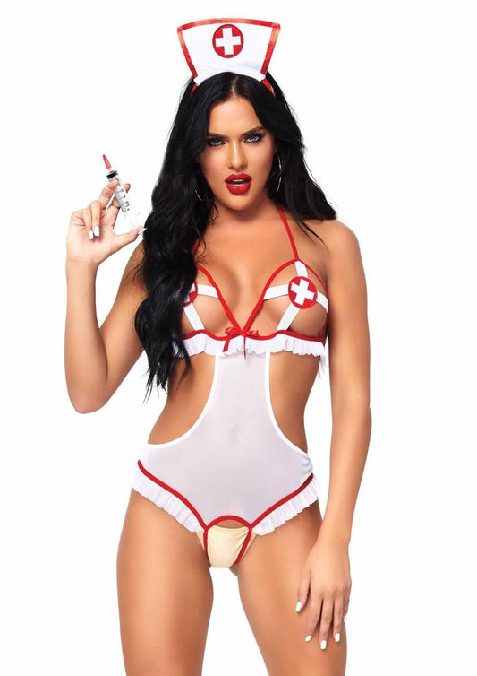Naughty Nurse Set - 2-Piece White And Red Bodysuit With Accessories