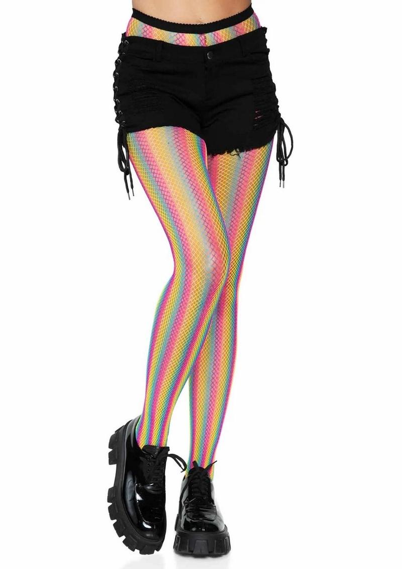 Neon Rainbow Striped Fishnet Pantyhose