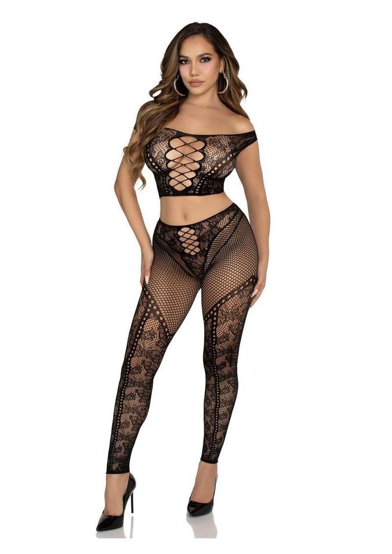 Net With Lace Off Shoulder Crop Top And Footless Tights Set