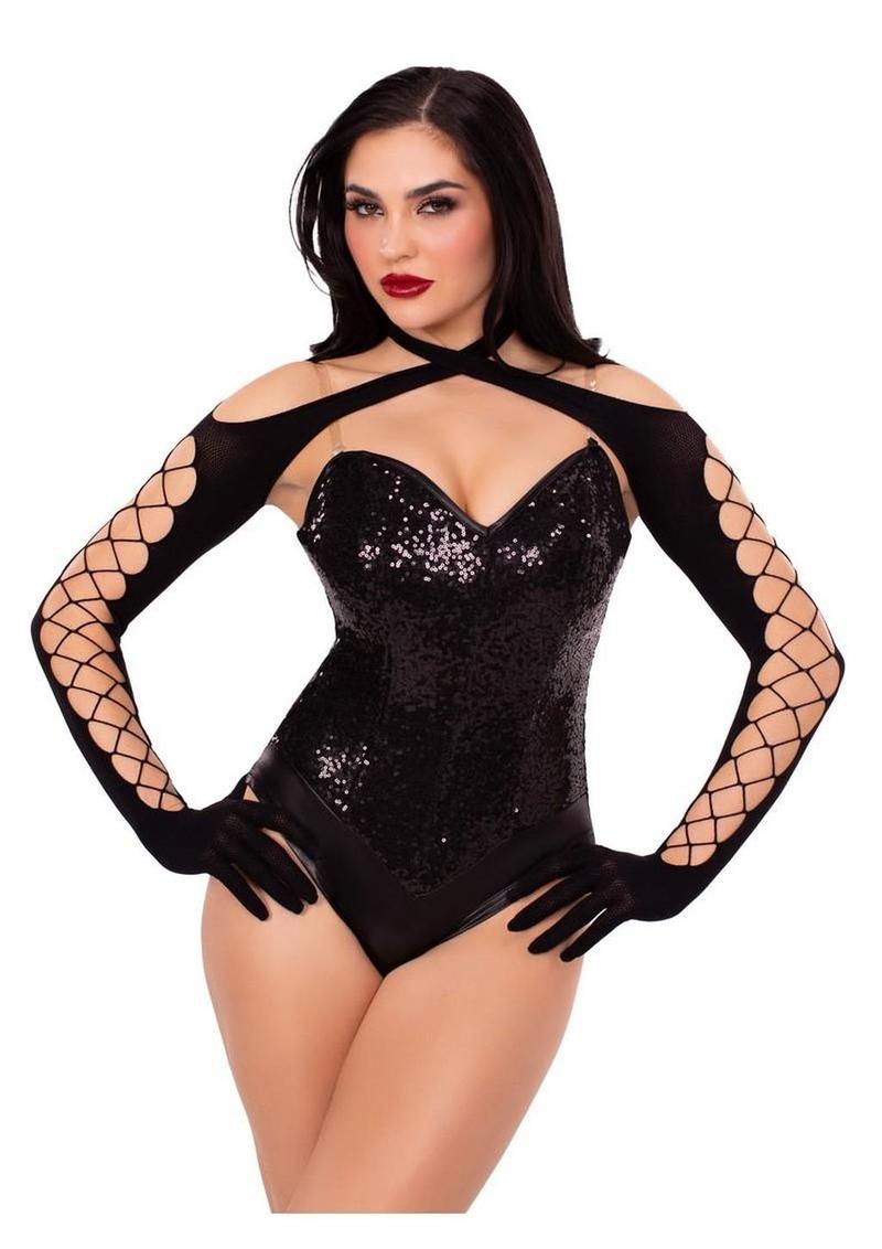 Black Net & Opaque Crossover Halter Shrug With Gloves