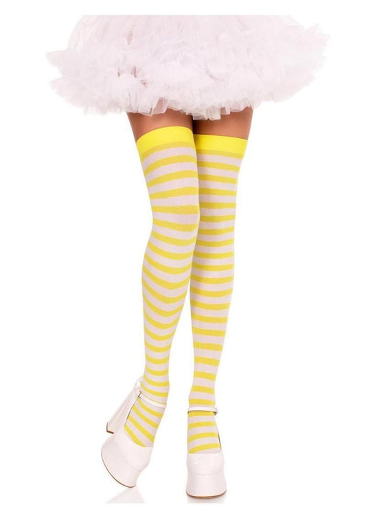 White With Yellow Striped Nylon Thigh High Stockings