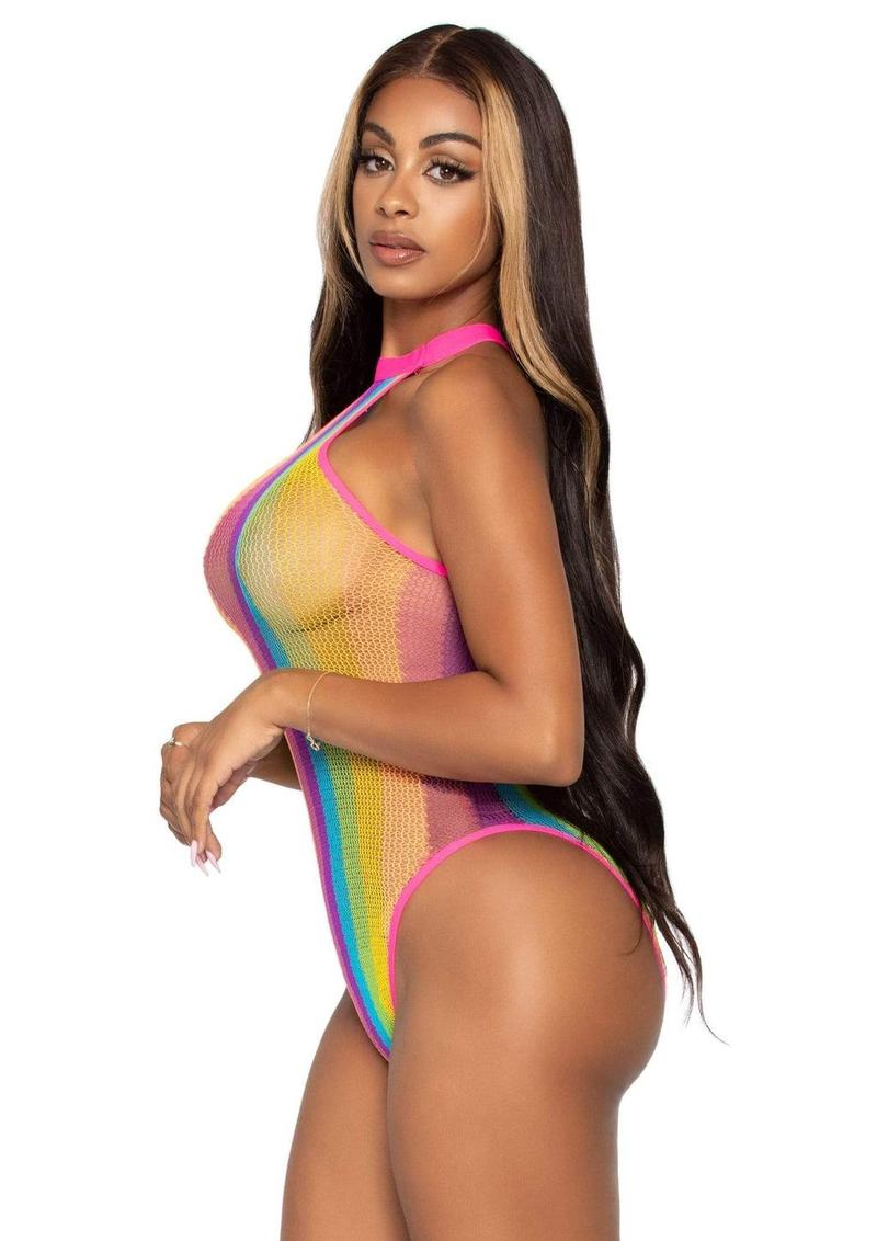 Rainbow Striped Net Halter Bodysuit With Snap Crotch