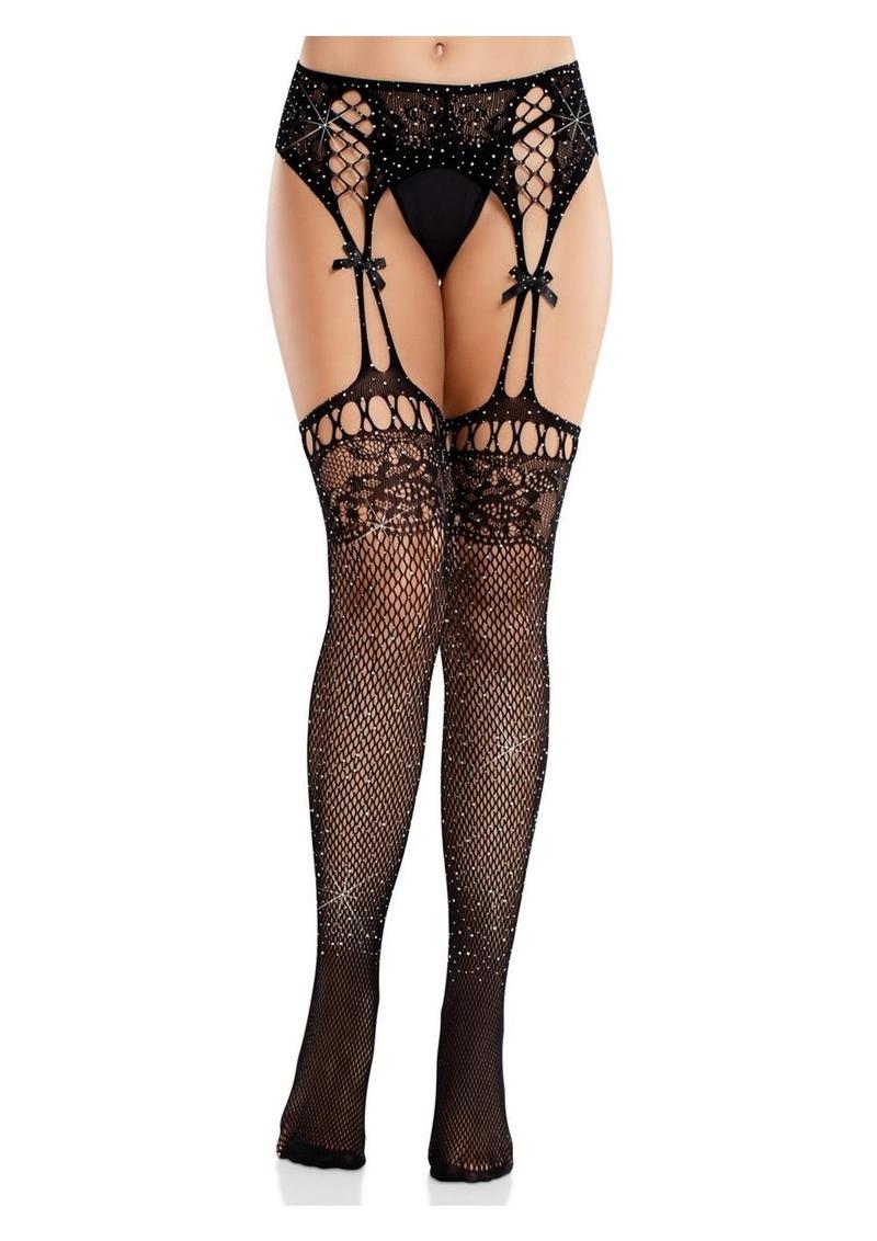Leg Avenue Rhinestone Lace Top Fishnet Stockings Attach Garter Belt