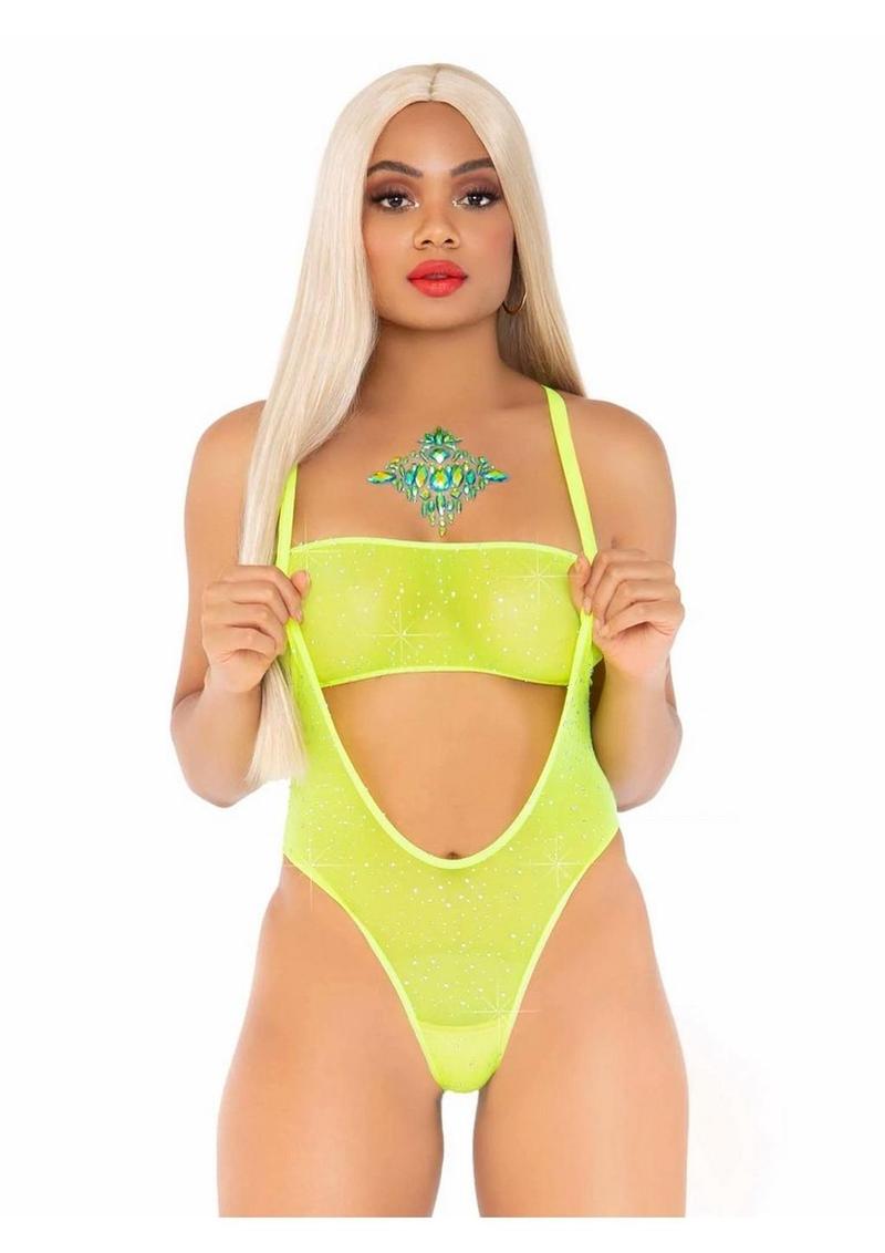 Neon Yellow Rhinestone Mesh Suspender Bodysuit