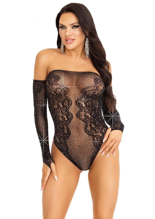 Rhinestone Net and Lace Off-the-Shoulder Teddy