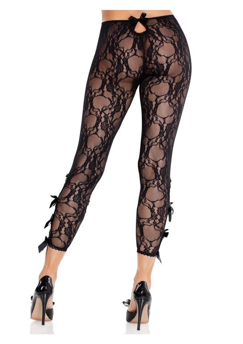 Scalloped Floral Lace Footless Capri Tights With Bows
