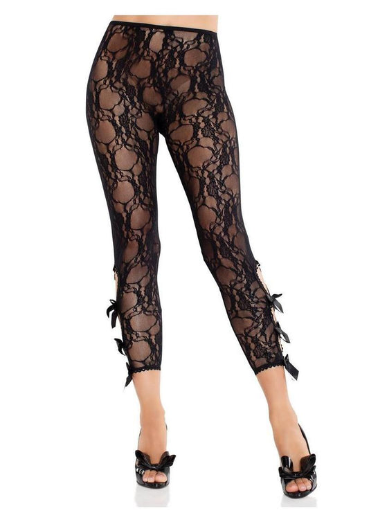 Scalloped Floral Lace Footless Capri Tights With Bows
