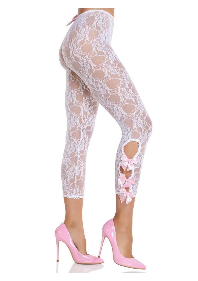 Scalloped Floral Lace Footless Capri Tights With Bows