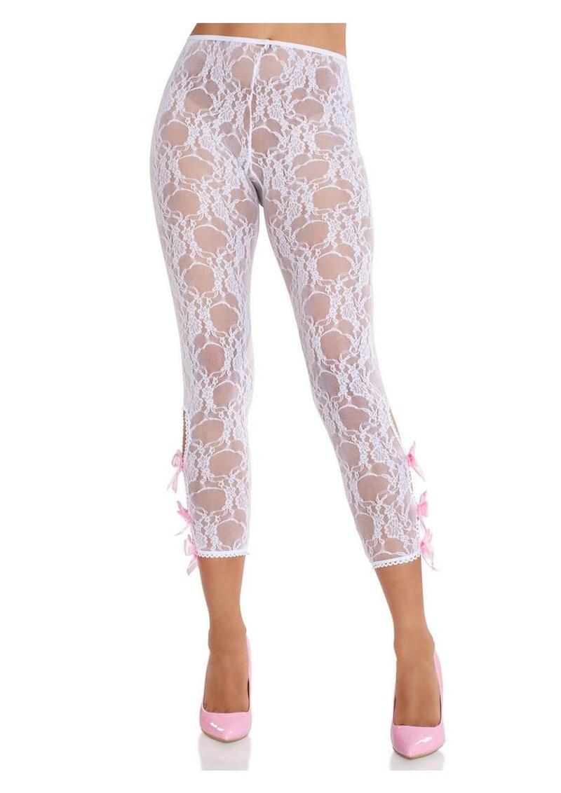 Scalloped Floral Lace Footless Capri Tights With Bows