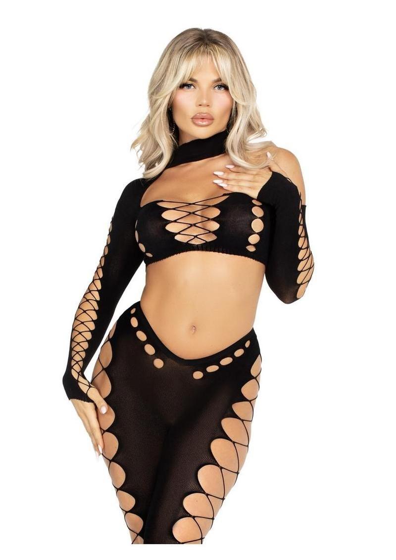 Seamless Asymmetrical Cut Out Crop Top And Footless Tights