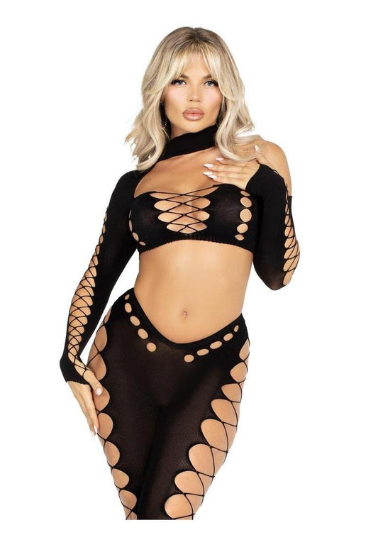 Seamless Asymmetrical Cut Out Crop Top And Footless Tights