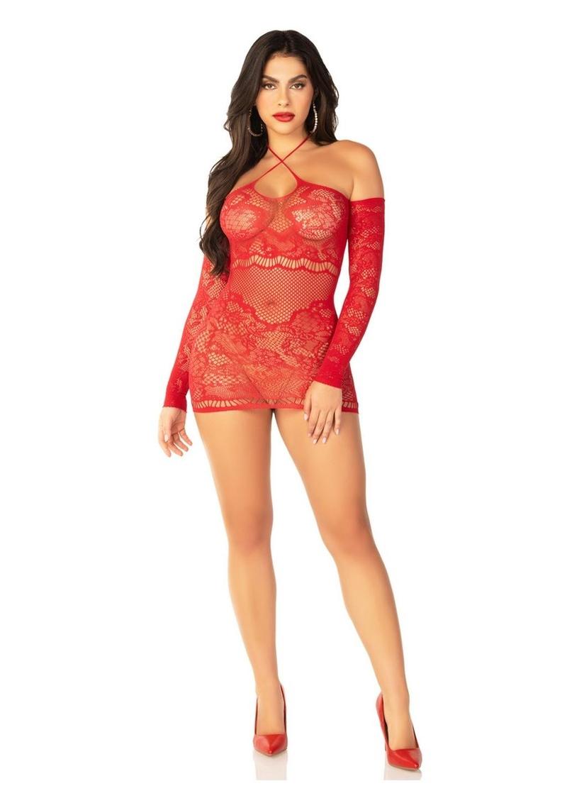 Seductive Lace Net Off-Shoulder Mini Dress with Halter Strap