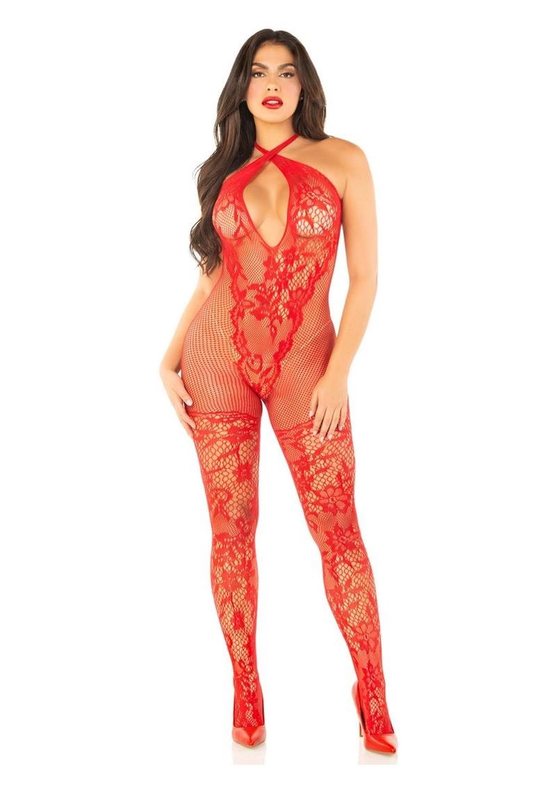 Seamless Net & Lace Jumpsuit with Halter Keyhole