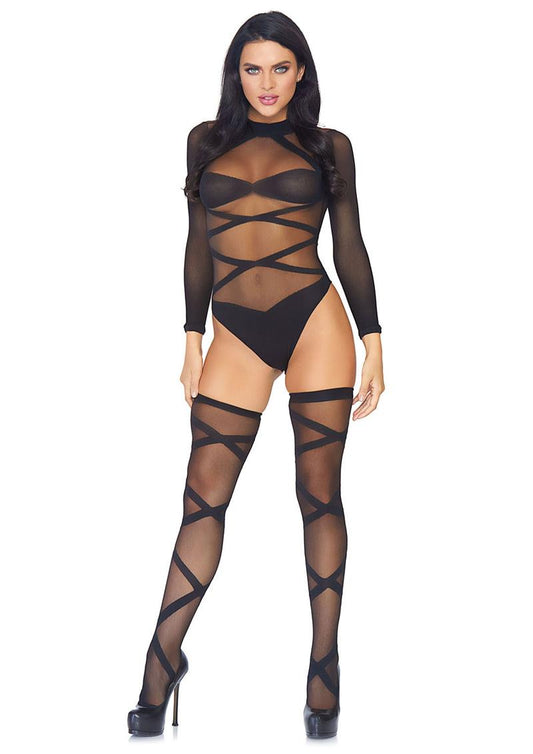 Strappy Sheer Criss-Cross Bodysuit With Matching Thigh-High Set