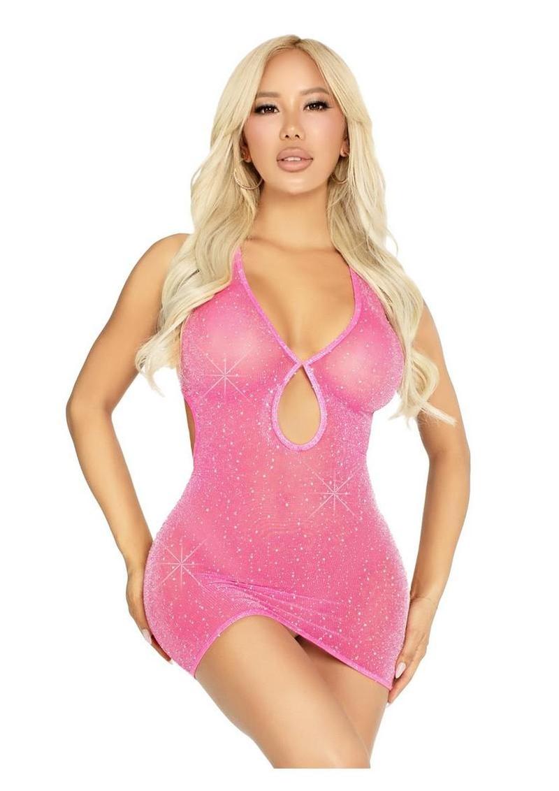 Shimmer Sheer Lurex Rhinestone Keyhole Halter Mini Dress