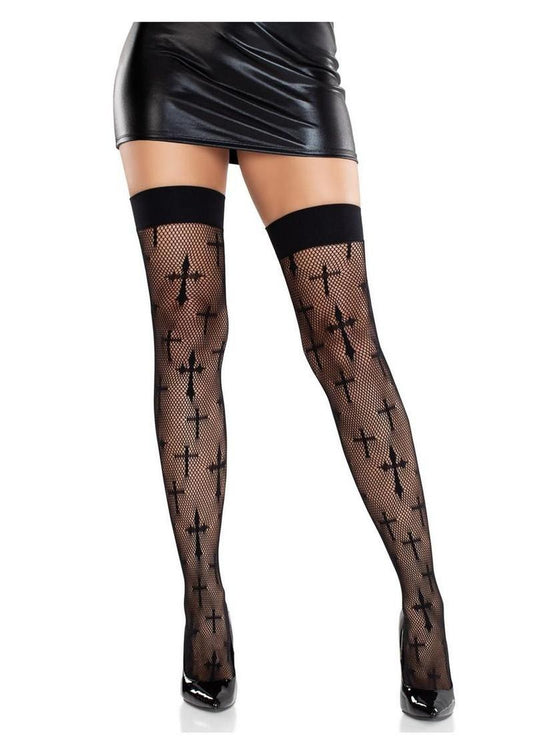 Black Fishnet Cross Pattern Thigh High Stockings