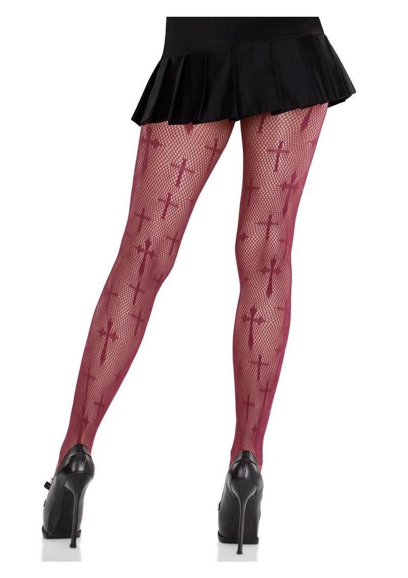 Worship Me Burgundy Cross Net Tights