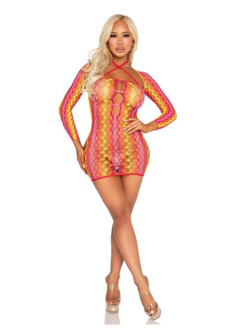 Multicolor Zig-Zag Net Mini Dress With Halter and Shrug