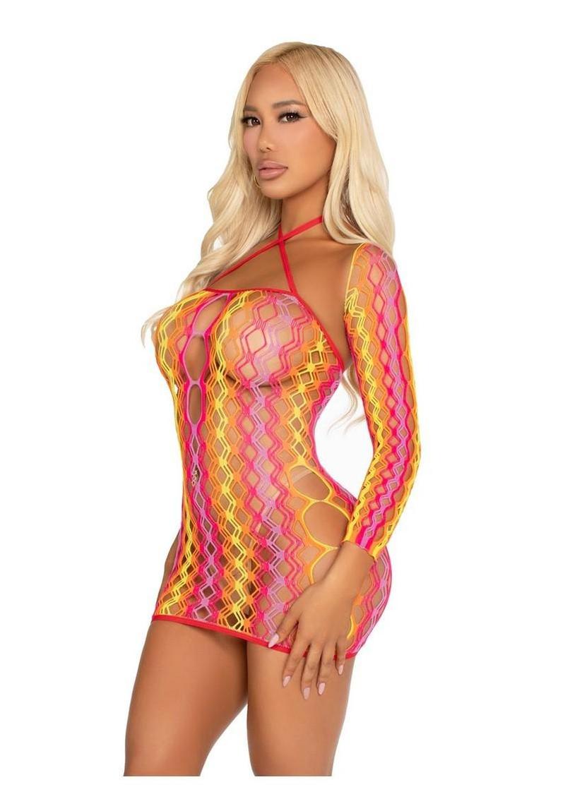 Multicolor Zig-Zag Net Mini Dress With Halter and Shrug