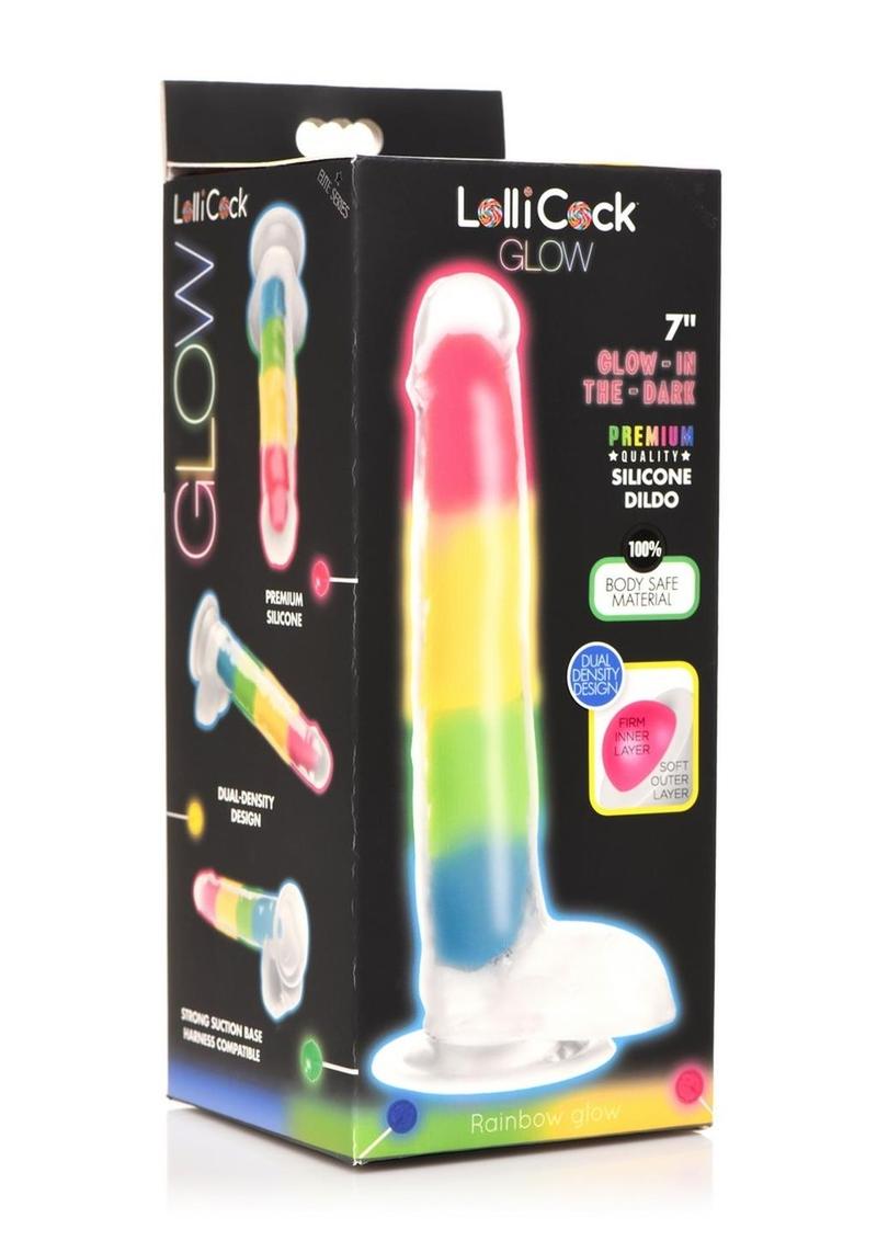LolliCock Glow In The Dark Rainbow Silicone Dildo With Balls