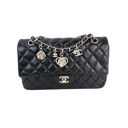Chanel Quilted Lambskin Valentine Crystal Charms Medium Single Flap Black Bag
