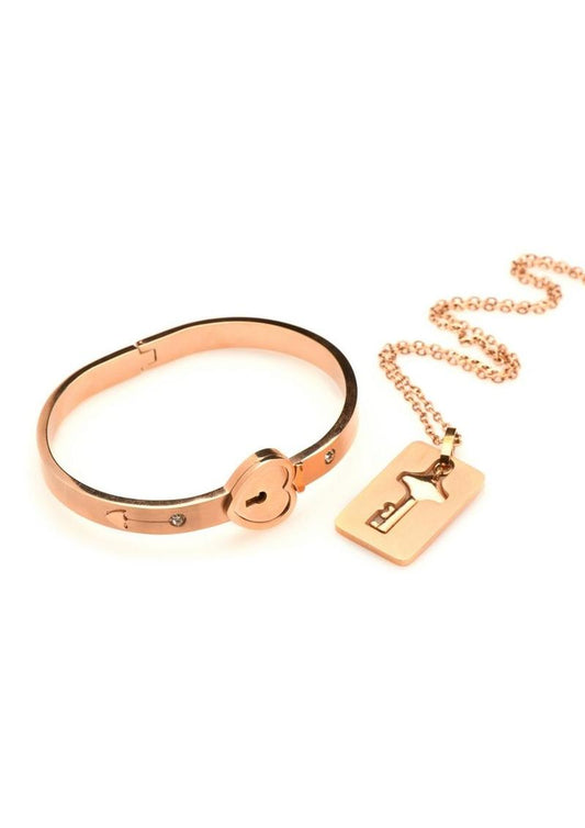 Cuffed Locking Bracelet And Key Necklace Rose Gold