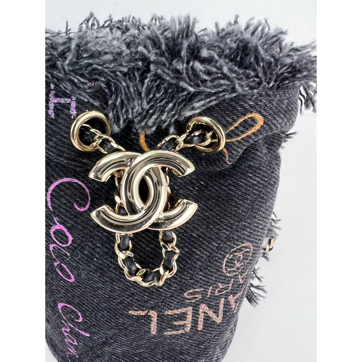 Chanel Denim Quilted Mood Mini Bucket With Chain Black