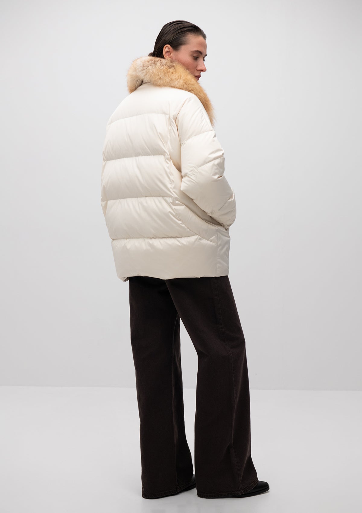 Manteau Macaire en duvet et fourrure de renard argenté véritable