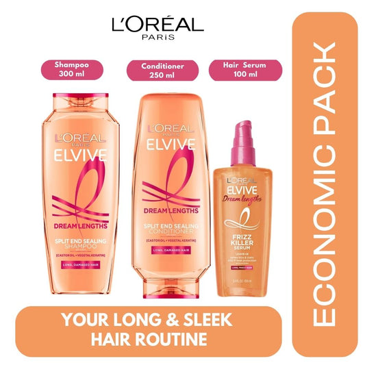 Loreal Paris Elseve (Elvive) Dream Long 3 Economic Pack Shampoo,Conditioner and Lamination Hair Serum Set