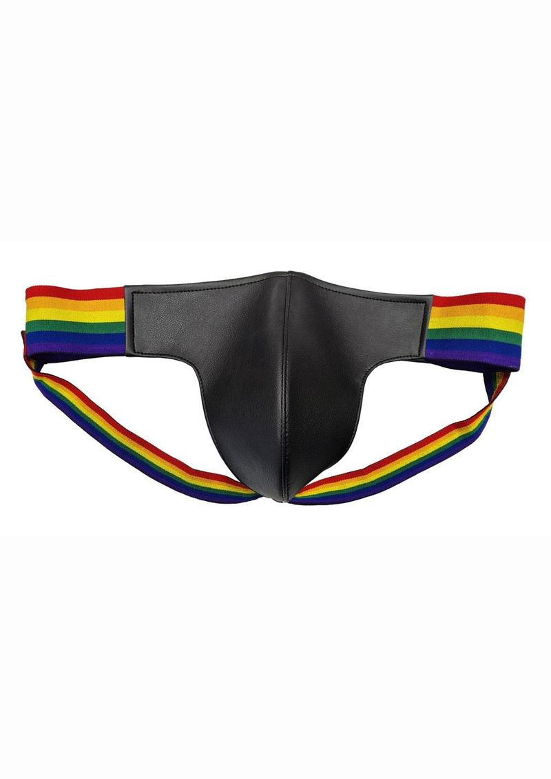 Rouge Leather Jock Strap with Pride Stripes Leather Pouch
