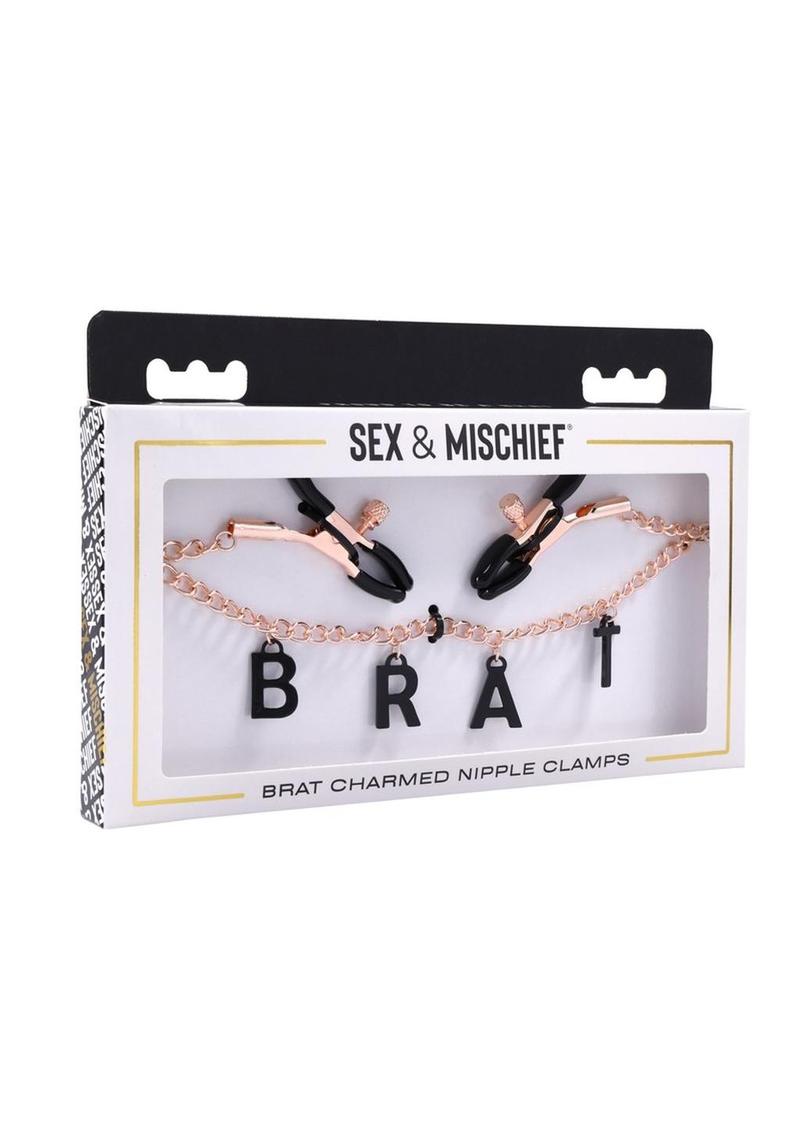 Sex And Mischief Brat Charmed Nipple Clamps Gold And Black with Chain