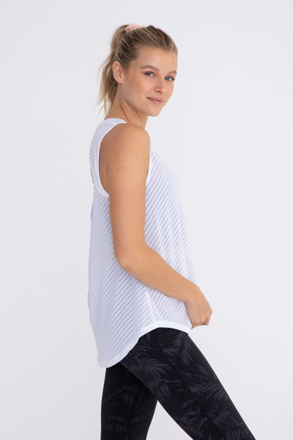 Sheer Striped Mesh Active Tank with Cut-Out Back