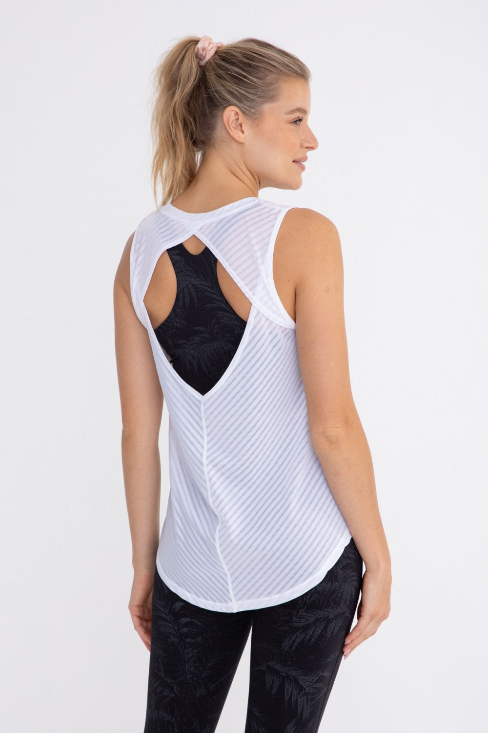 Sheer Striped Mesh Active Tank with Cut-Out Back