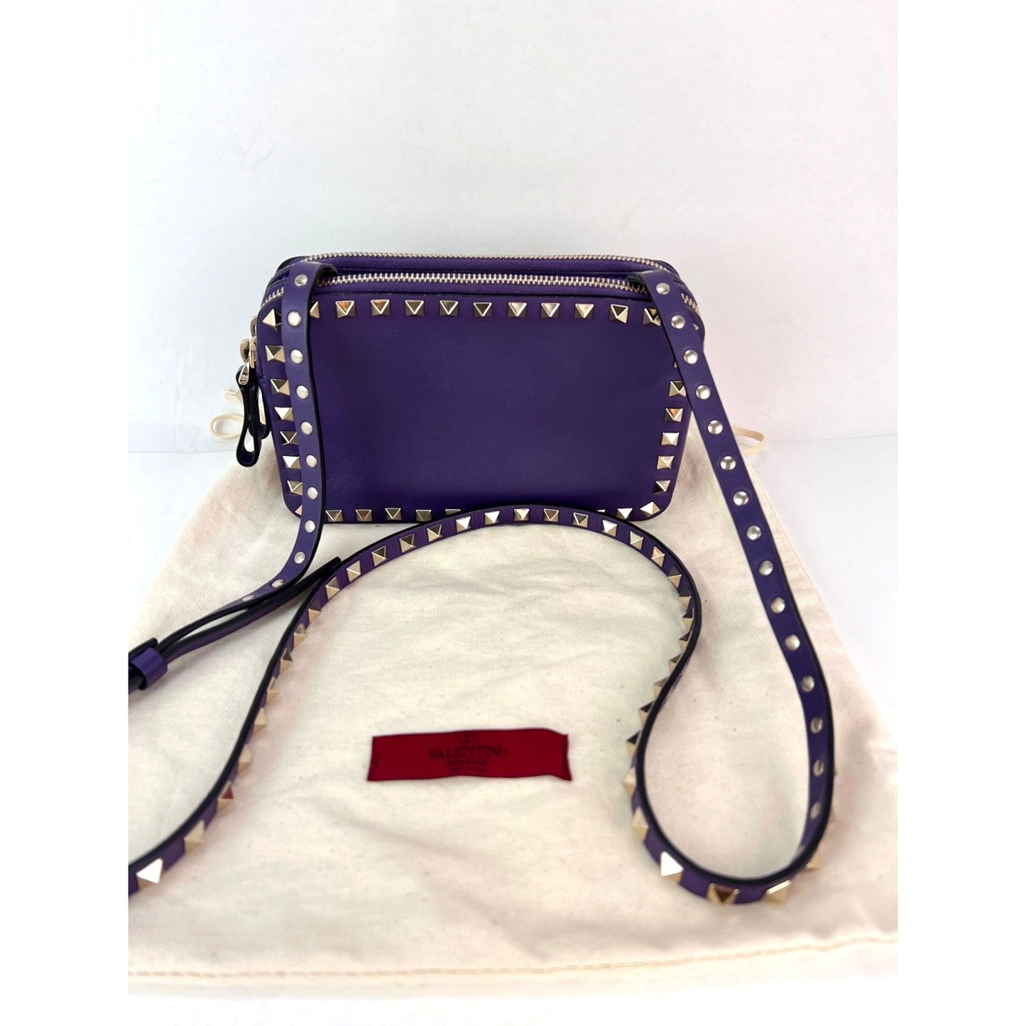 Valentino Rockstud Double Zip Purple Leather Crossbody Bag