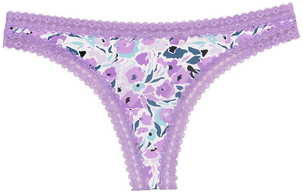 Purple Microfiber Thong with Lace Trim