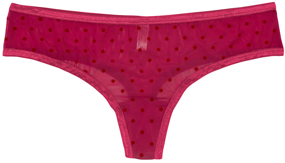 Polka Dot Mesh Thong with Satin Trim