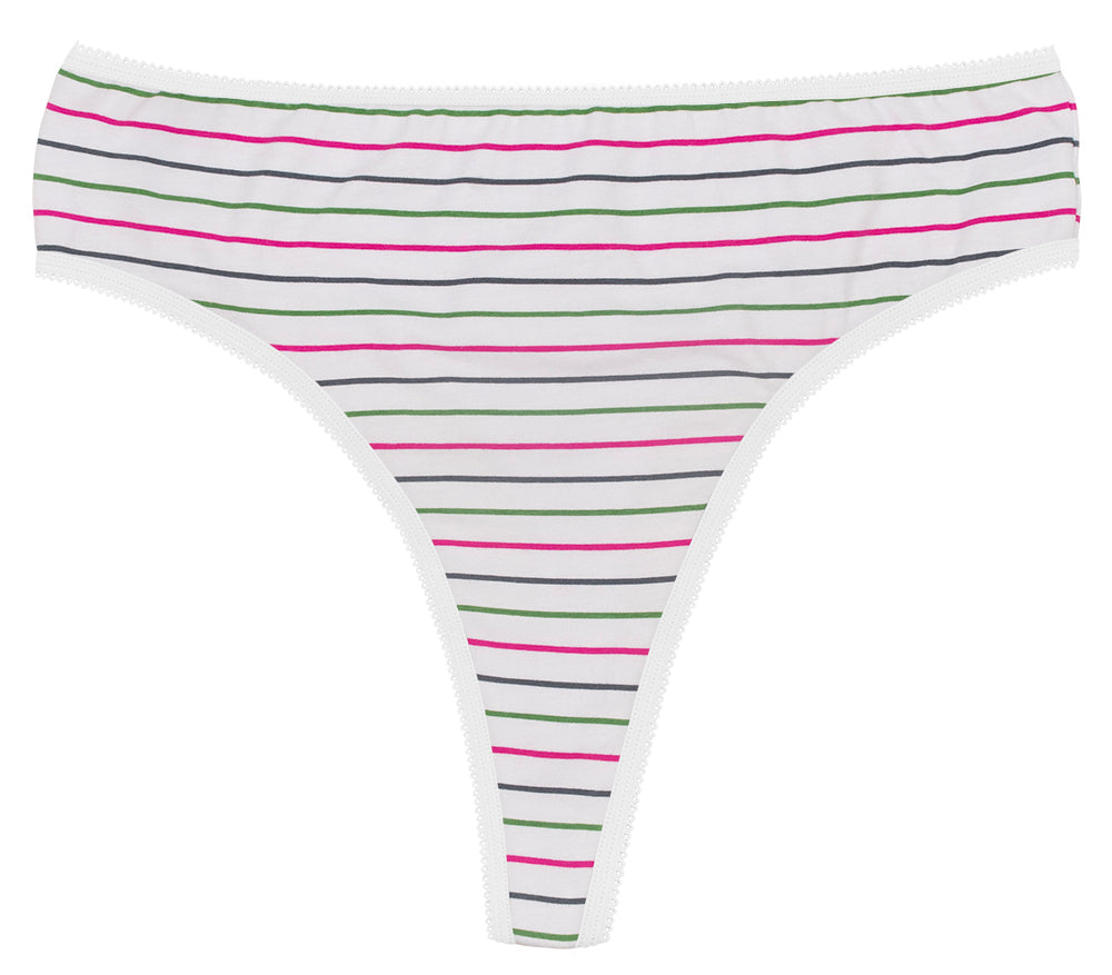 Printed Cotton High Waist Thong with Picot Trim