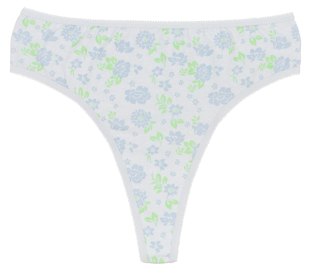 Printed Cotton High Waist Thong with Picot Trim