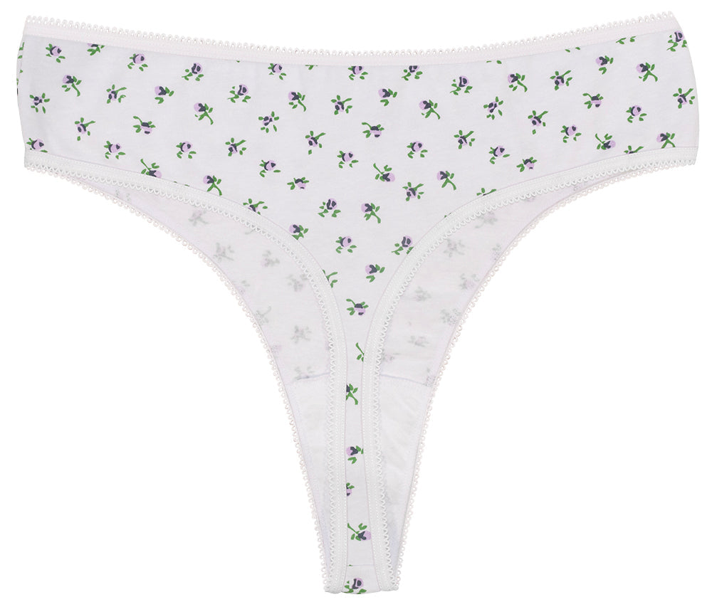 Printed Cotton High Waist Thong with Picot Trim
