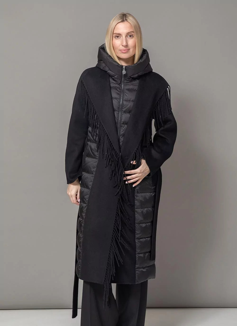 Manteau Kennedy en mélange de laine et duvet de luxe à franges, noir