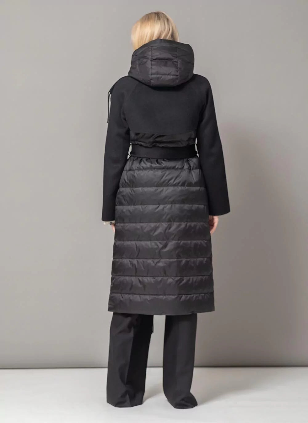 Manteau Kennedy en mélange de laine et duvet de luxe à franges, noir