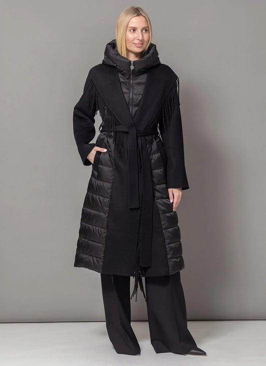 Manteau Kennedy en mélange de laine et duvet de luxe à franges, noir
